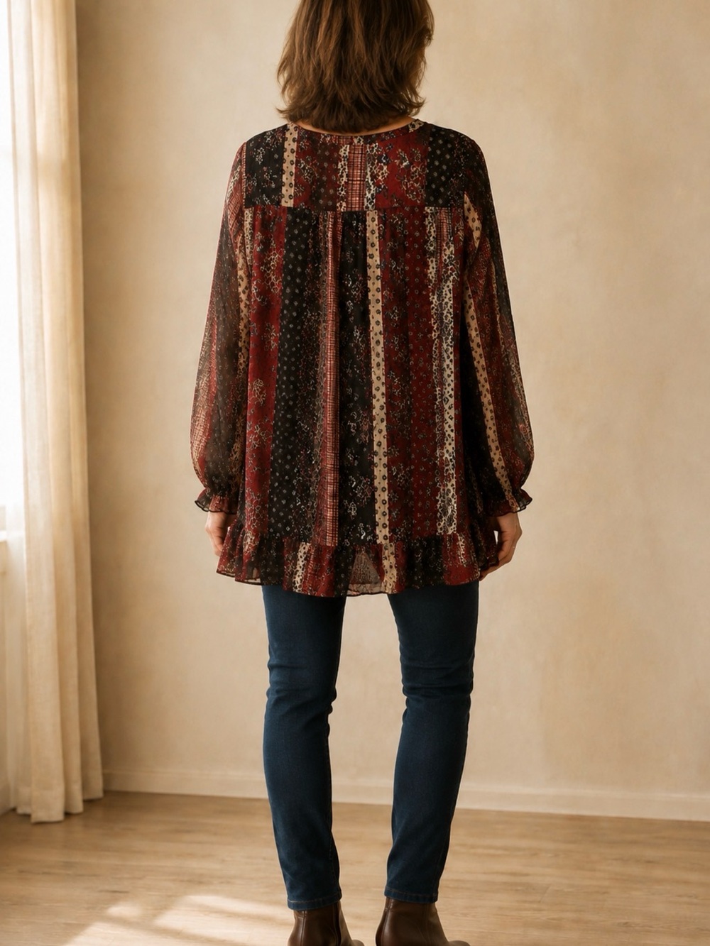 LOGO by Lori Goldstein Patchwork Chiffon Boho Tunic Top - Picture 10 of 10